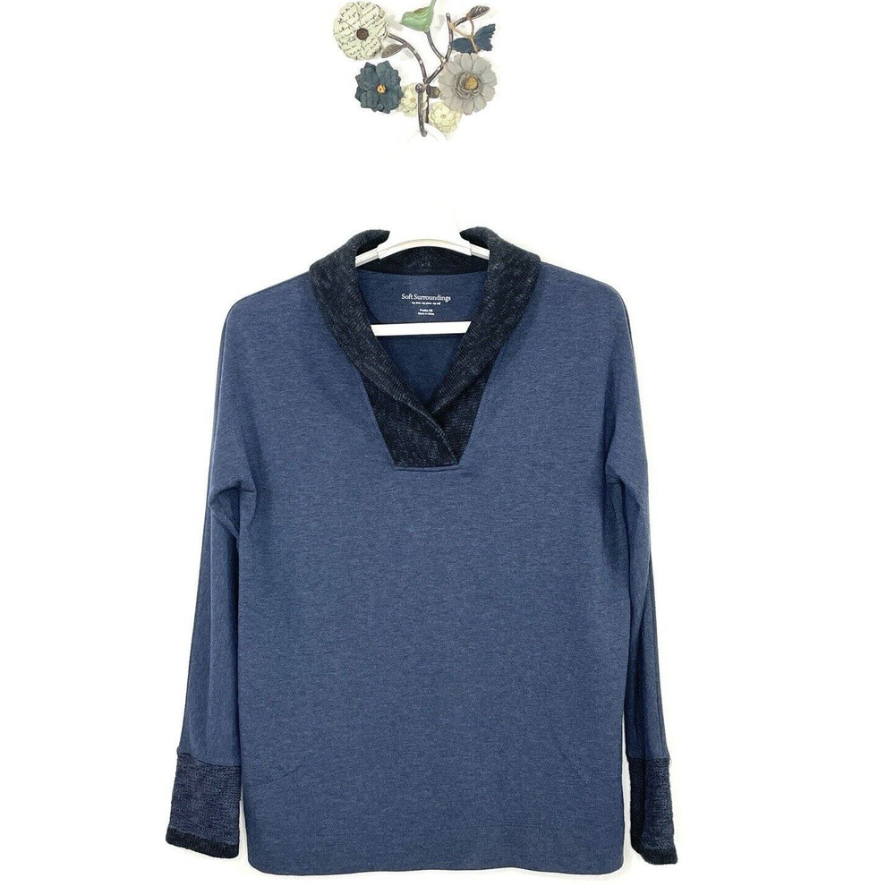 Soft Surroundings Pullover Tunic Top Blue Shawl Collar Knit Cuffs Size Petite XS